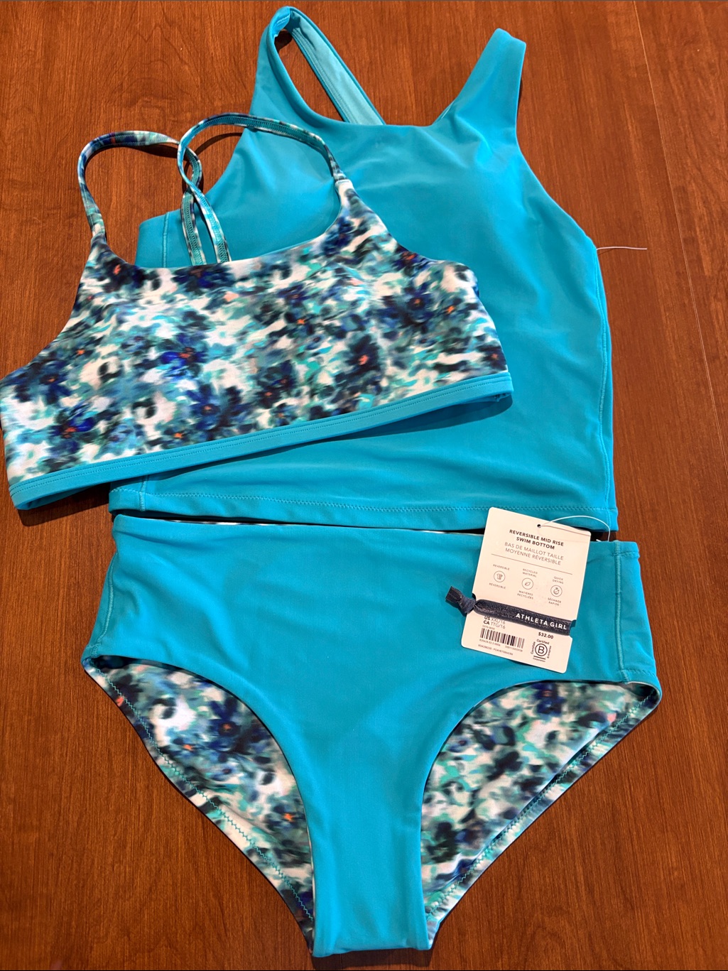 Nwt Athleta Girl 3piece Tie Dye Set Reversible Top, Tankini, & Bottom Sz 16.